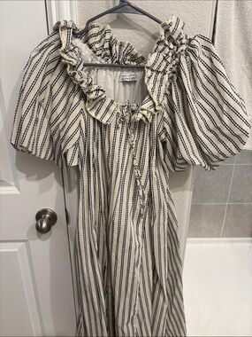 Zoco Striped Ruffle-Trim Puff Sleeve Dress - Cream & Navy
